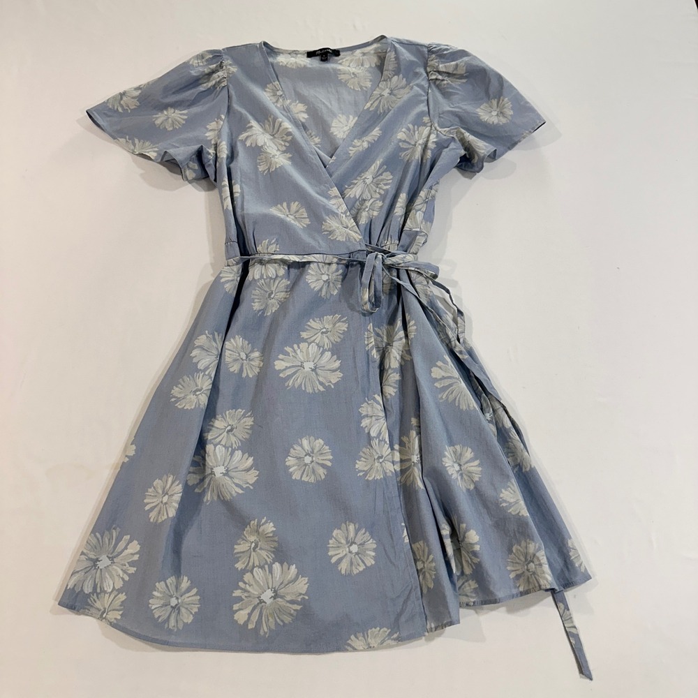 Madewell Daisy Print Wrap Dress Women M Blue Floral Cotton Short Sleeve Mini